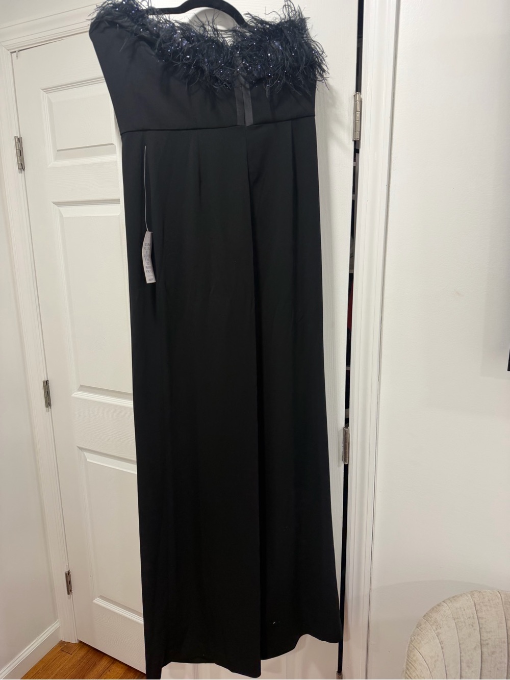 JAYGODFREY Black Strapless Wide-Leg Jumpsuit with Feather Trim